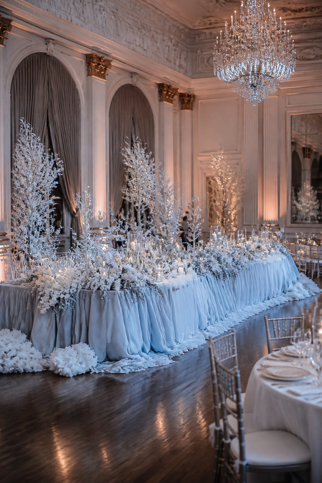 A winter wedding scene with faux snow and icy blue decorations.