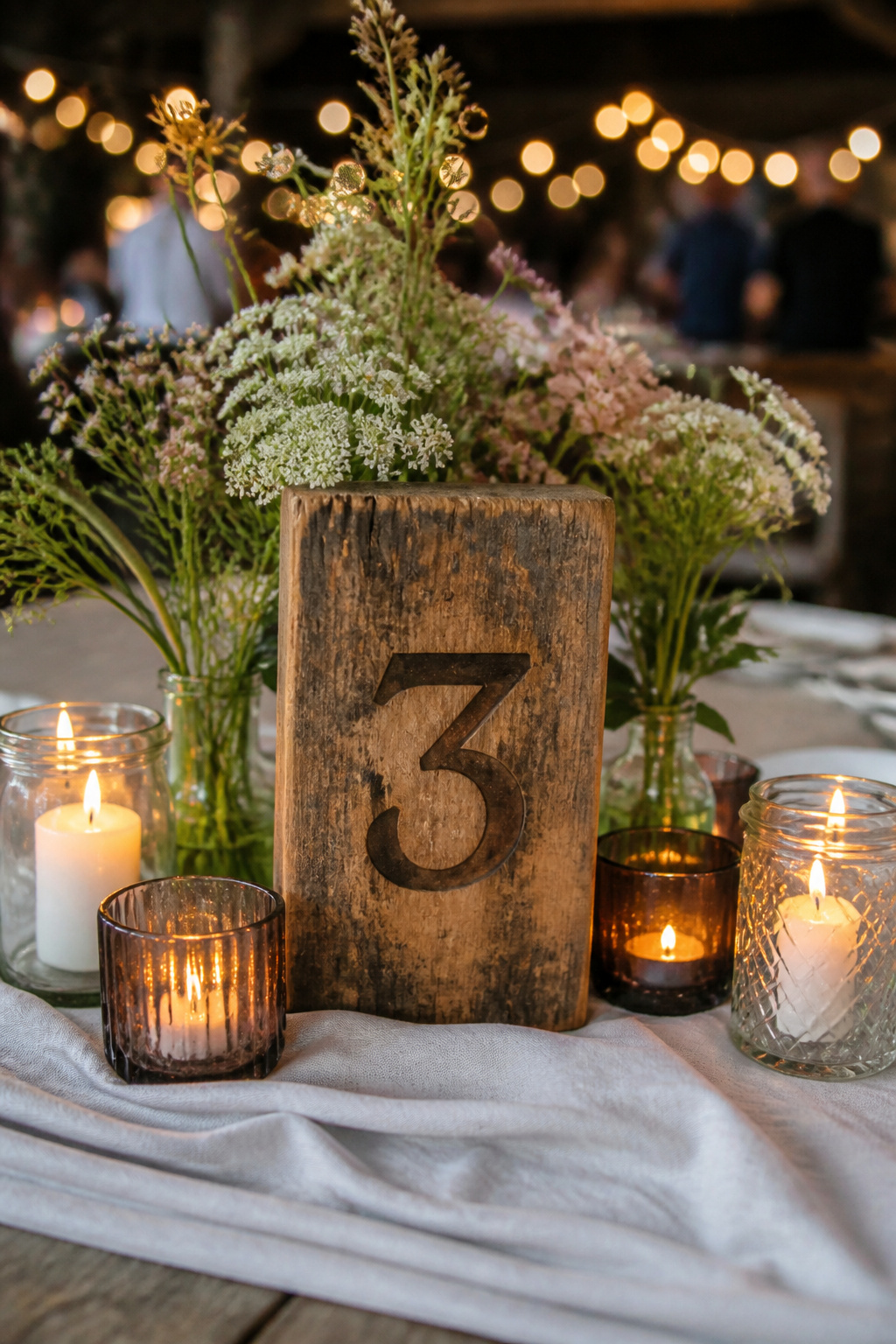 Close-up of rustic table numbers made from reclaimed wood.