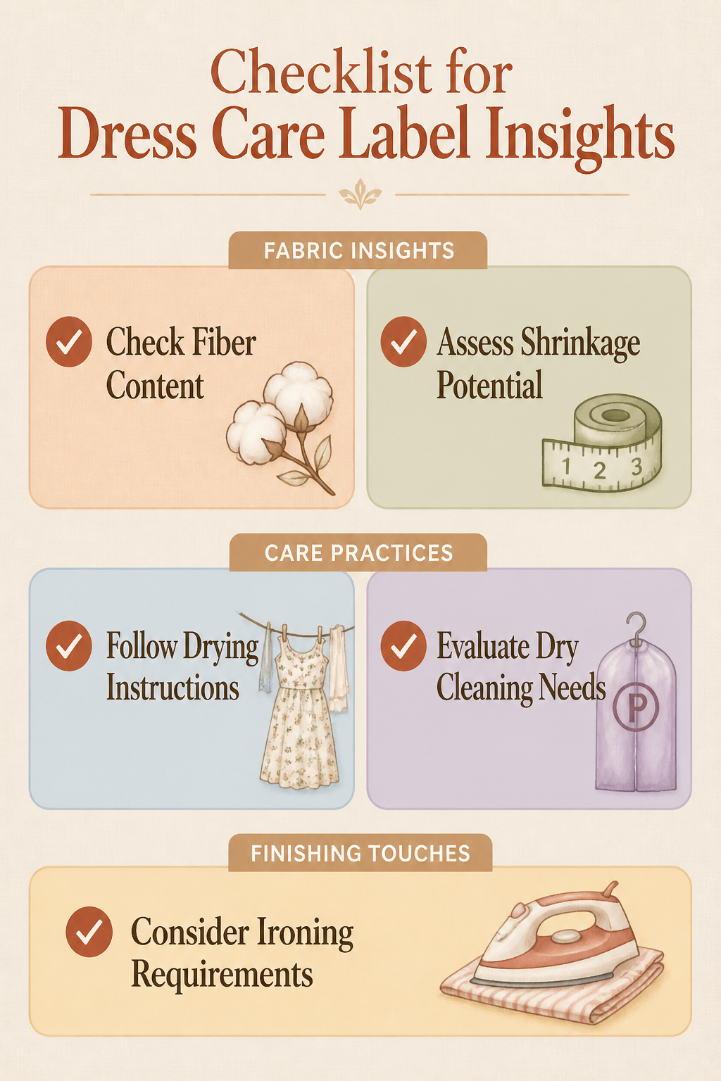 A Line Midi Dresses: 9 Ways Fit, Fabric and Details Work for You 11 Checklist detailing care label insights for dress longevity.