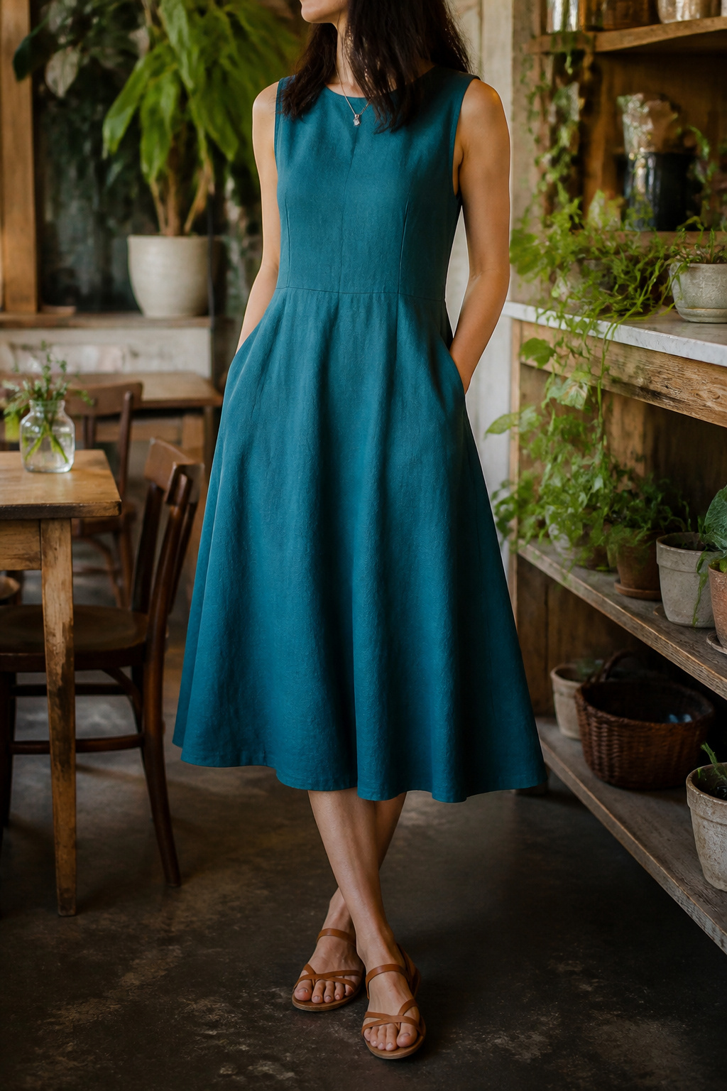 A Line Midi Dresses: 9 Ways Fit, Fabric and Details Work for You 3 Model in a teal A-line midi dress made of cotton-linen blend.