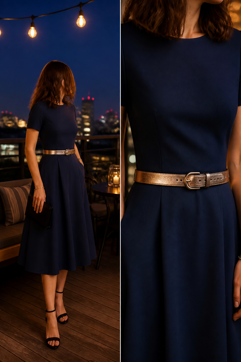 A Line Midi Dresses: 9 Ways Fit, Fabric and Details Work for You 8 A-line midi dress accessorized with a slim belt.