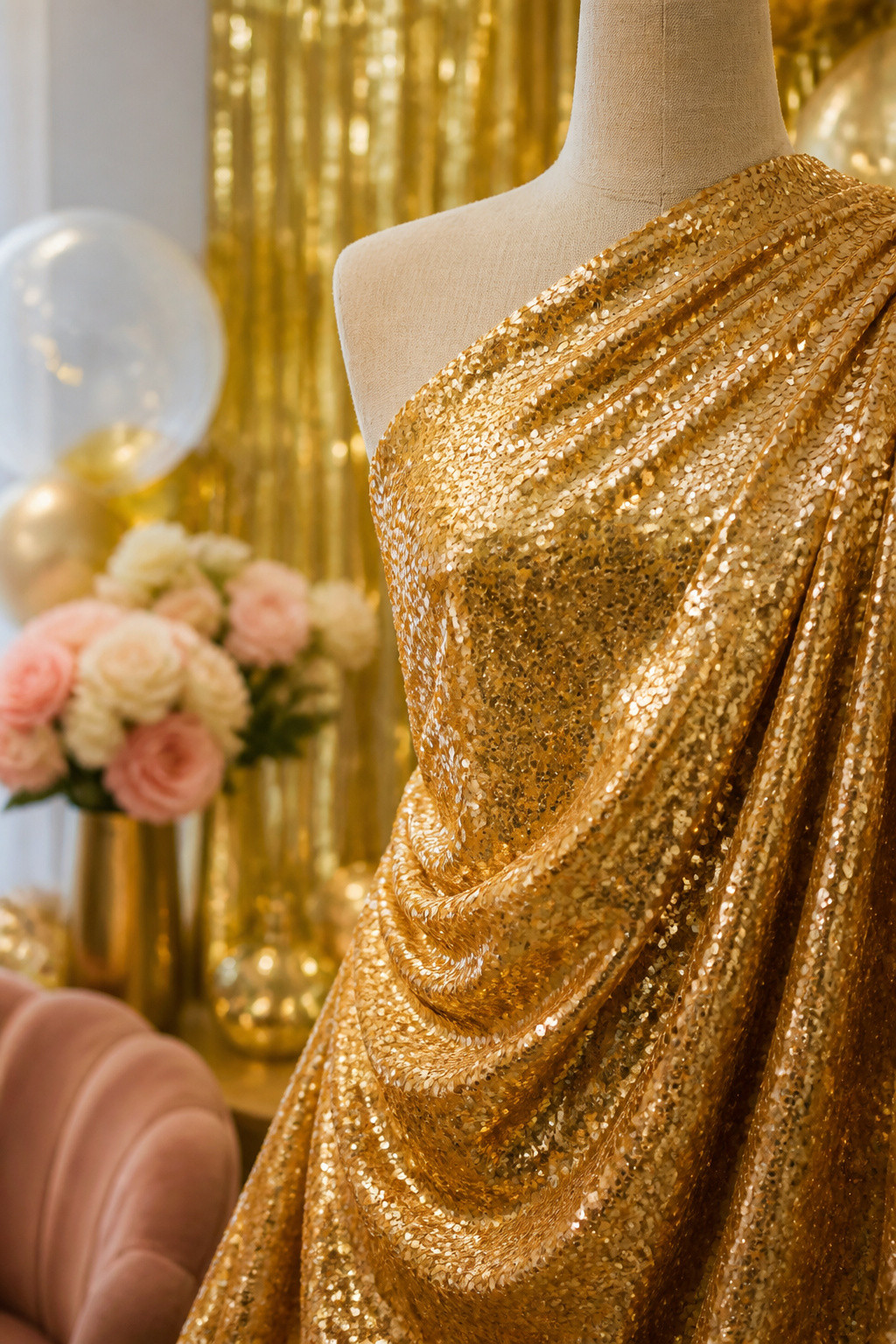 Close-up of golden sequined fabric draped elegantly on a mannequin.
