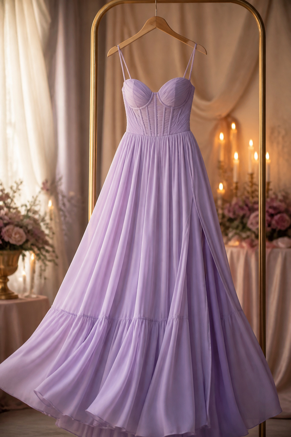 A model in a maxi dress, emphasizing its elegant and voluminous design.