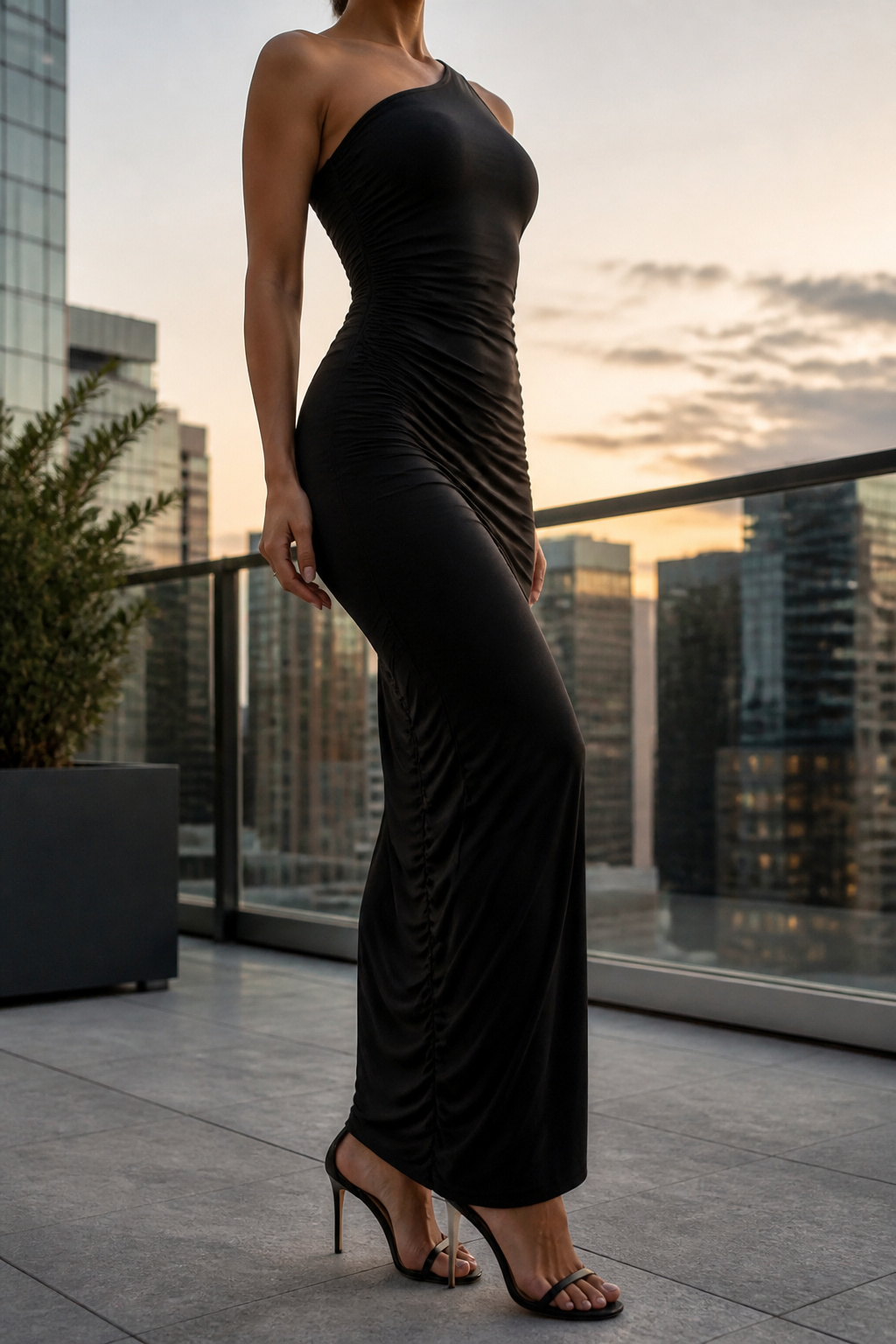 Bodycon Dresses: Fits, Lengths and How to Style Them 21 One-shoulder asymmetric ruched maxi dress displayed on a mannequin.