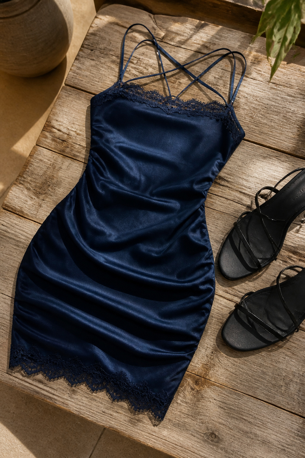 Bodycon Dresses: Fits, Lengths and How to Style Them 23 Close-up of a strappy square neck lace trim mini dress.