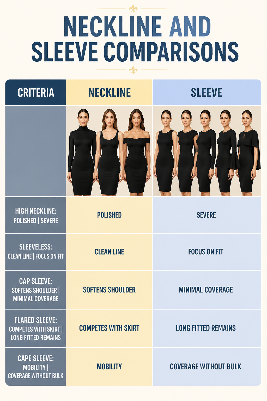 Bodycon Dresses: Fits, Lengths and How to Style Them 38 Comparison of different necklines and sleeves on bodycon dresses.