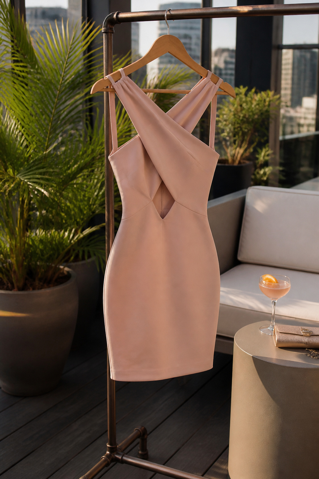 Bodycon Dresses: Fits, Lengths and How to Style Them 7 Cross front backless mini bodycon dress on a hanger in an urban setting.