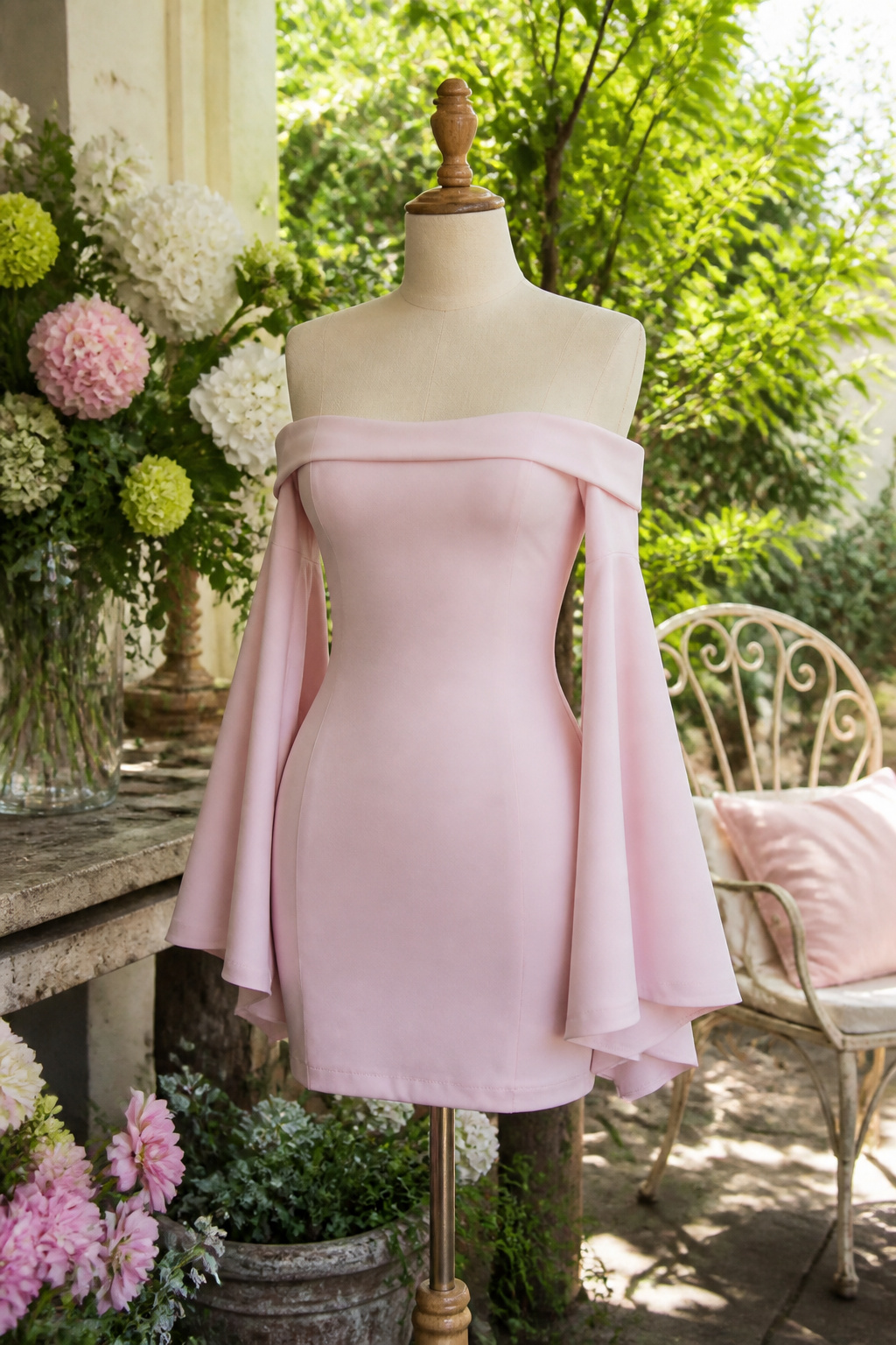 Bodycon Dresses: Fits, Lengths and How to Style Them 9 Bardot long flared sleeve mini dress displayed in a garden setting.