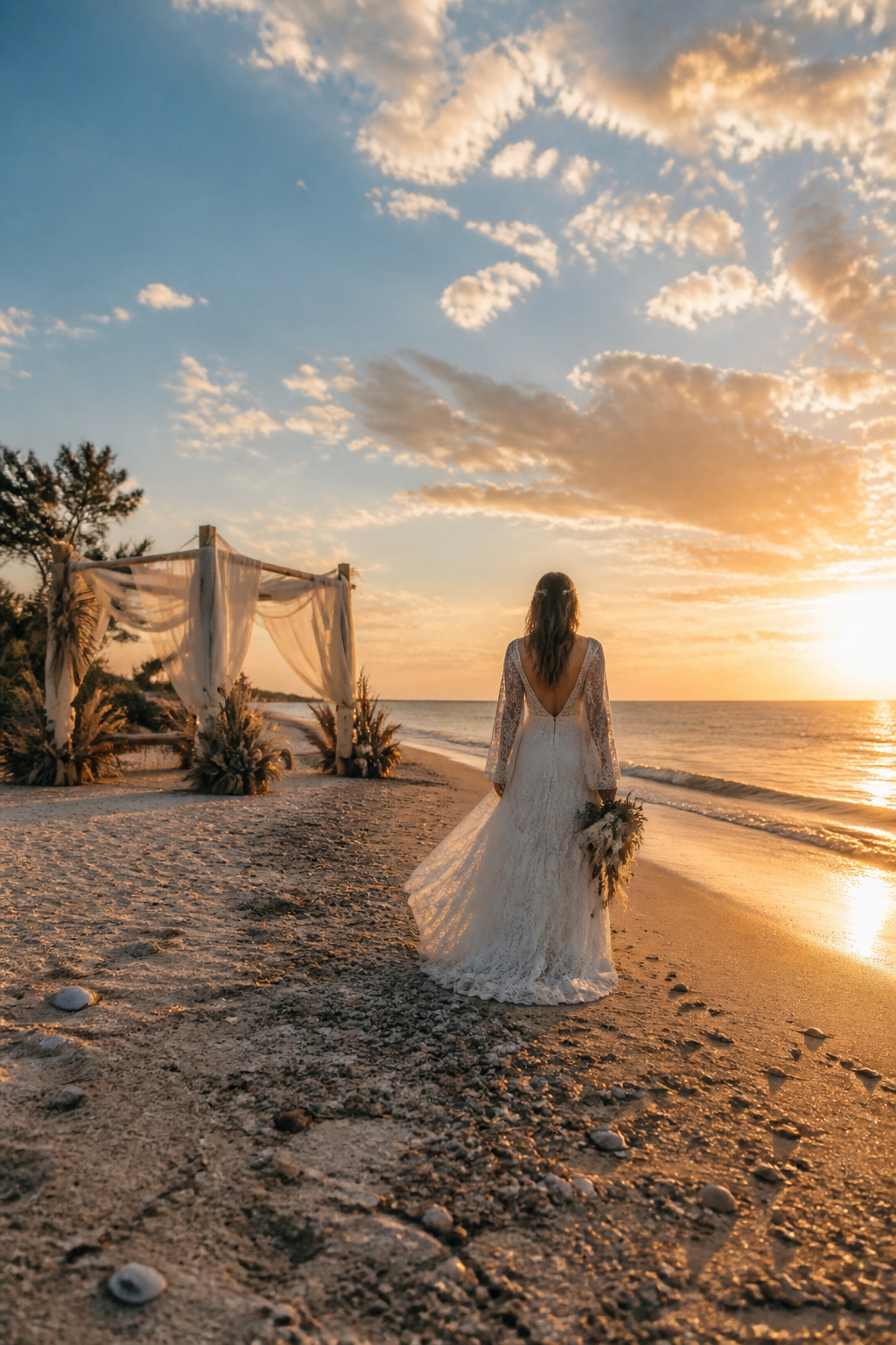 A bride in a lightweight boho wedding dress on the beach.