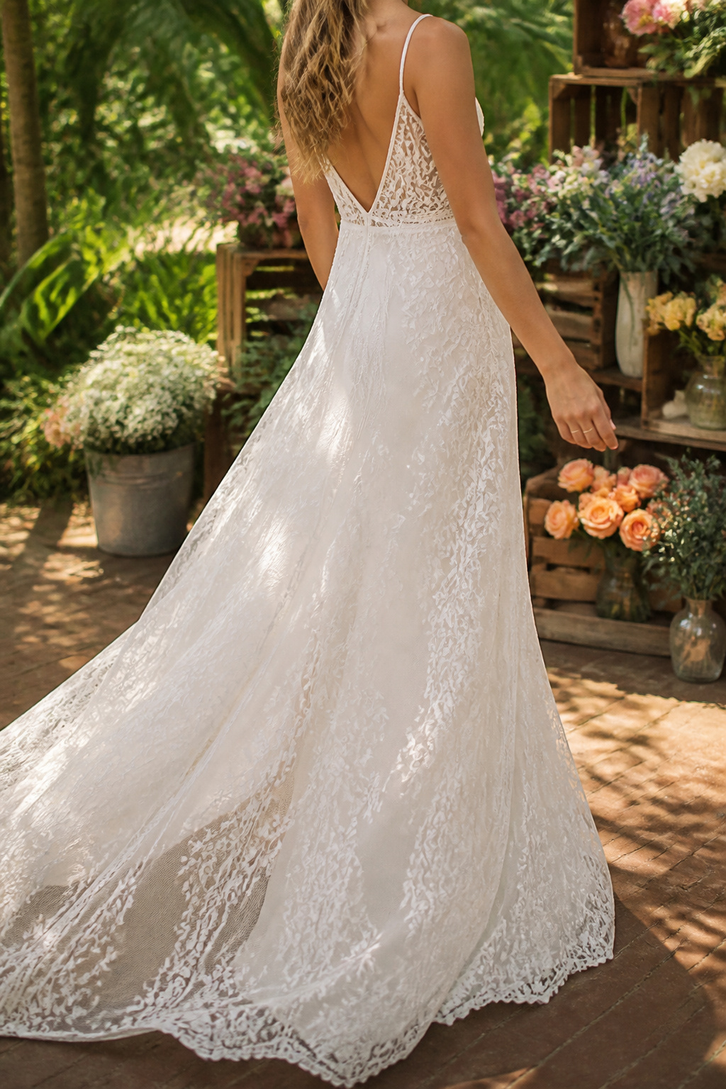 A bride wearing a cotton lace boho wedding dress in a garden.