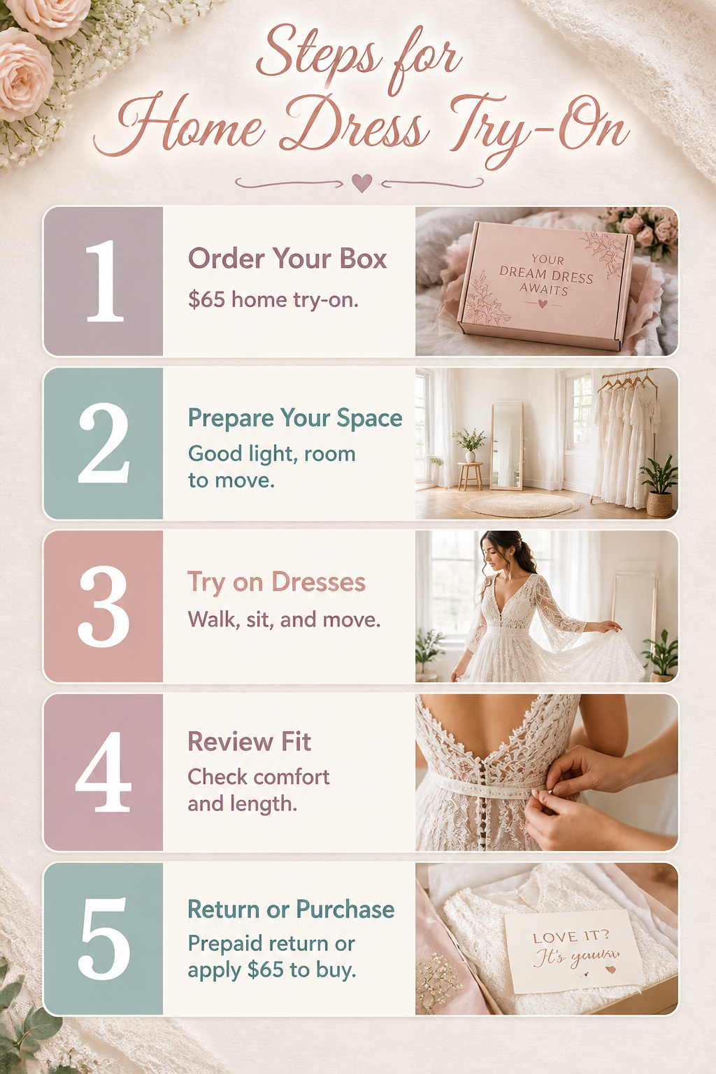An information image about home dress try-on steps.
