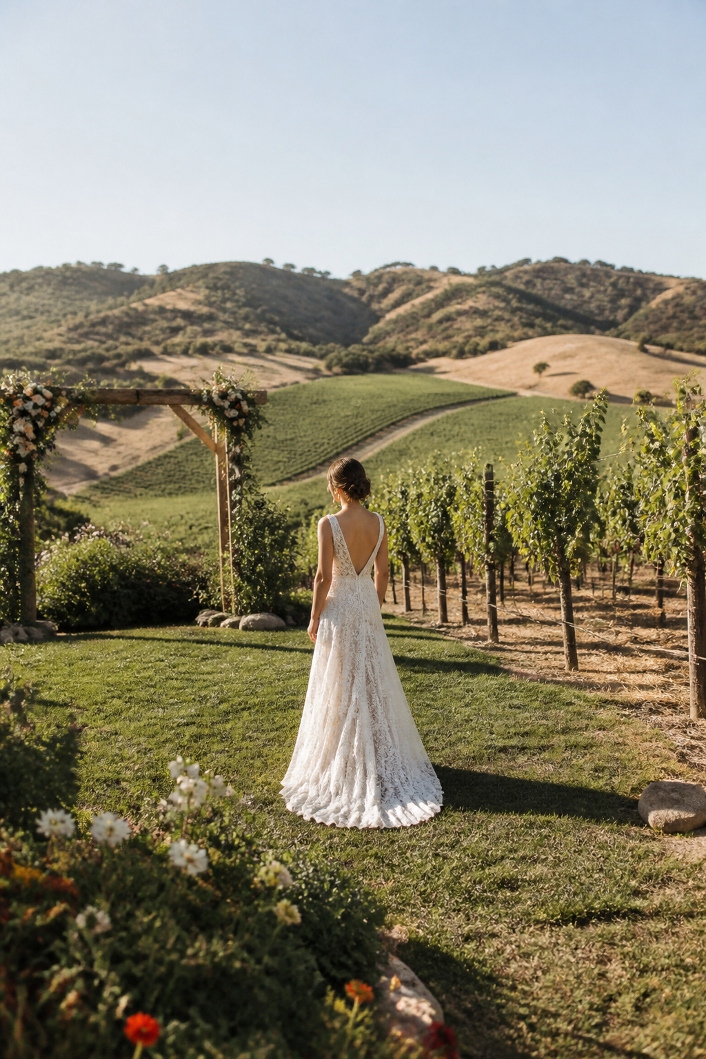 A bride in a cotton lace wedding dress at various outdoor venues.