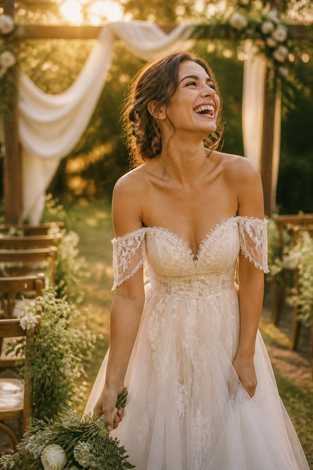 A bride in an off-the-shoulder wedding dress with a bare shoulder line.