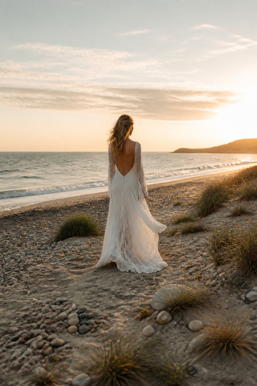 A bride wearing a backless wedding dress stands in sunlight.