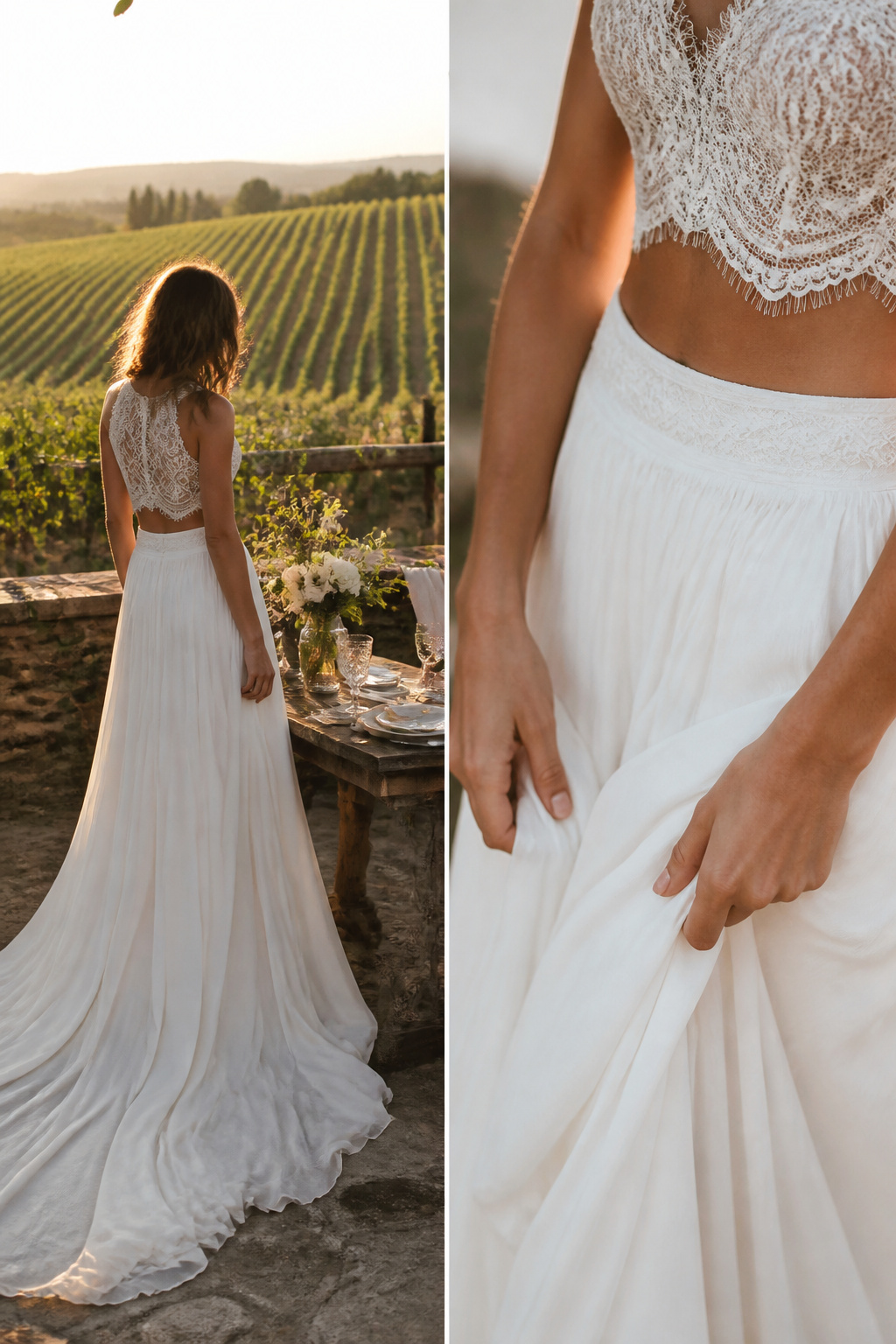 A bride in a lace crop top and flowing maxi skirt.