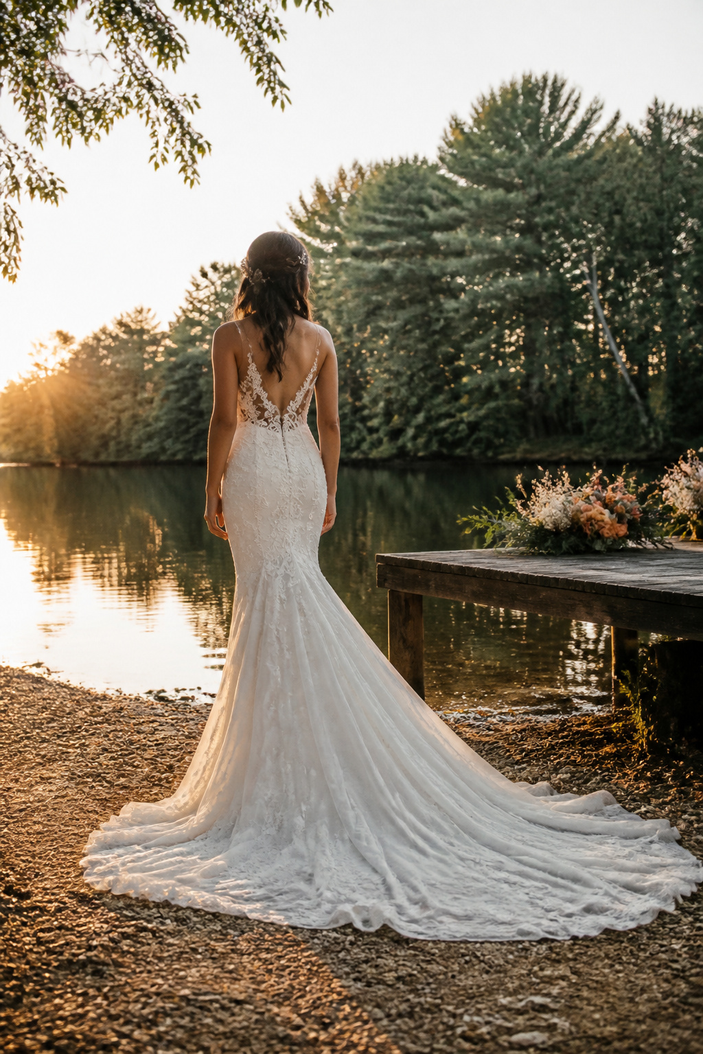 A bride in a mermaid silhouette wedding dress.