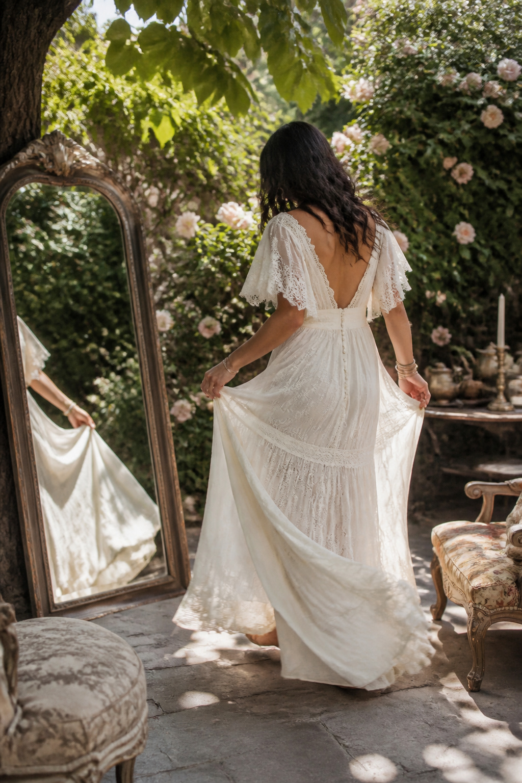 A bride wearing a vintage-inspired wedding dress in a garden.