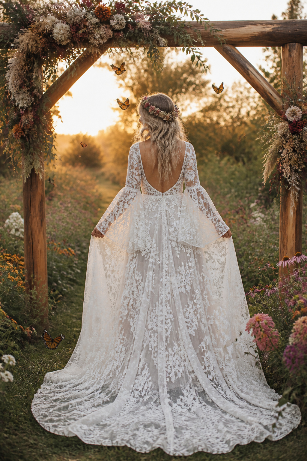 A bride in a floral lace wedding dress surrounded by wildflowers.