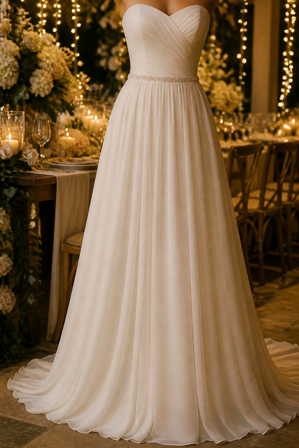 A-line bridal reception dress with a flowing skirt and fitted bodice.