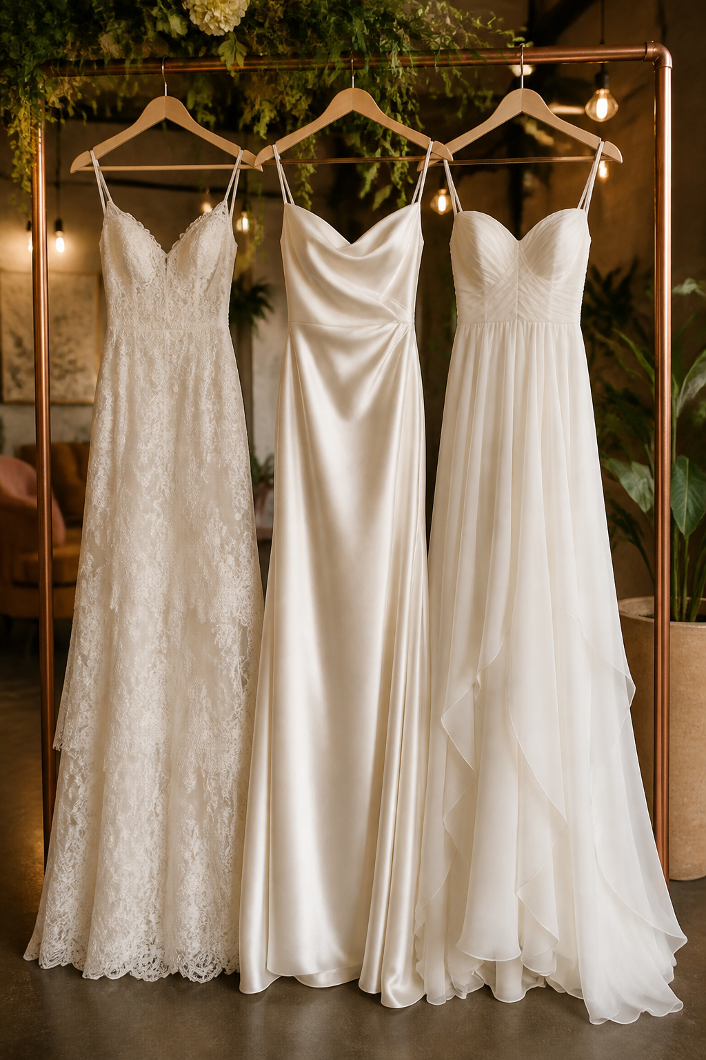 Bridal reception dresses made of lace, satin, and chiffon under spotlight.