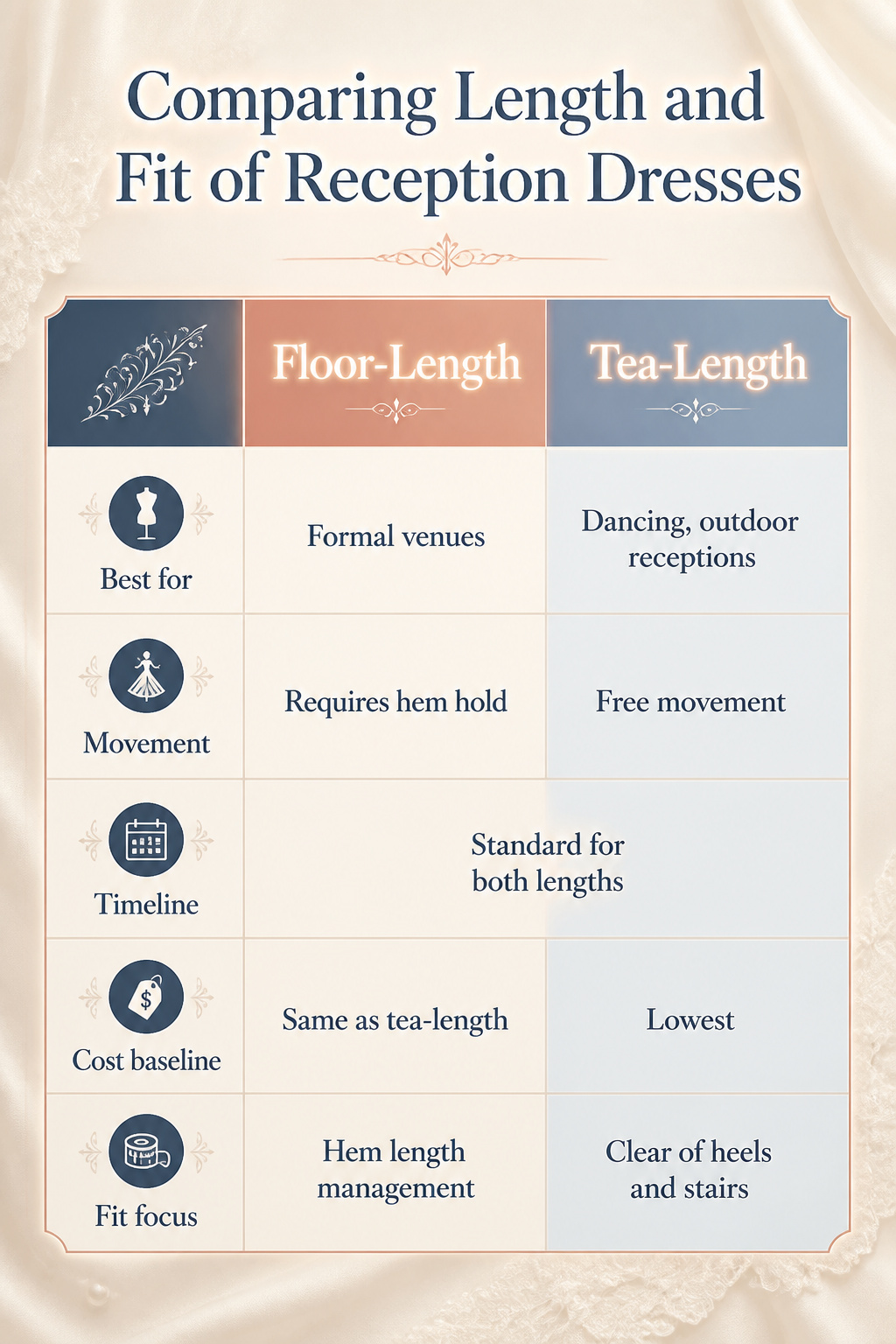Information image comparing lengths and fits of bridal reception dresses.
