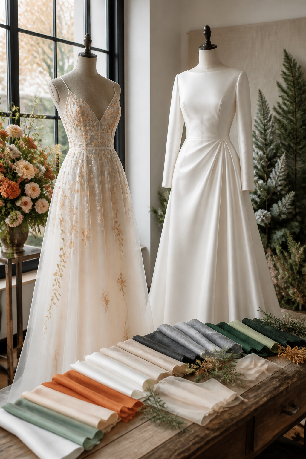 Bridal reception dresses reflecting summer to winter season changes.