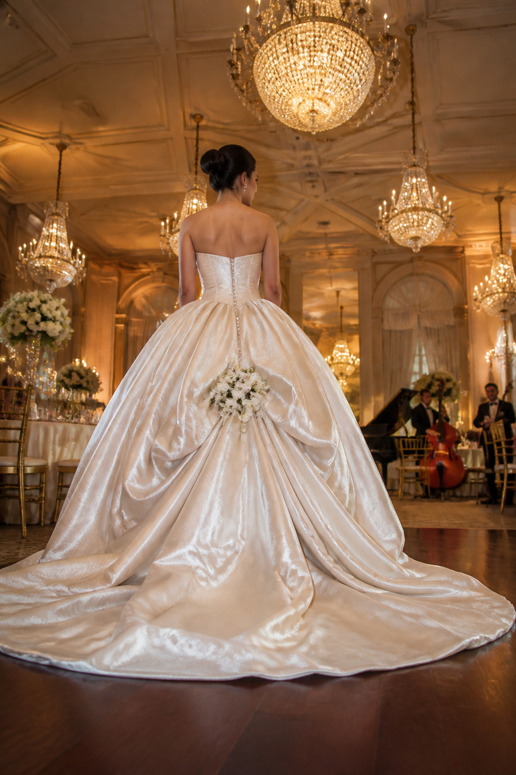 A structured ball gown with a voluminous skirt and train.