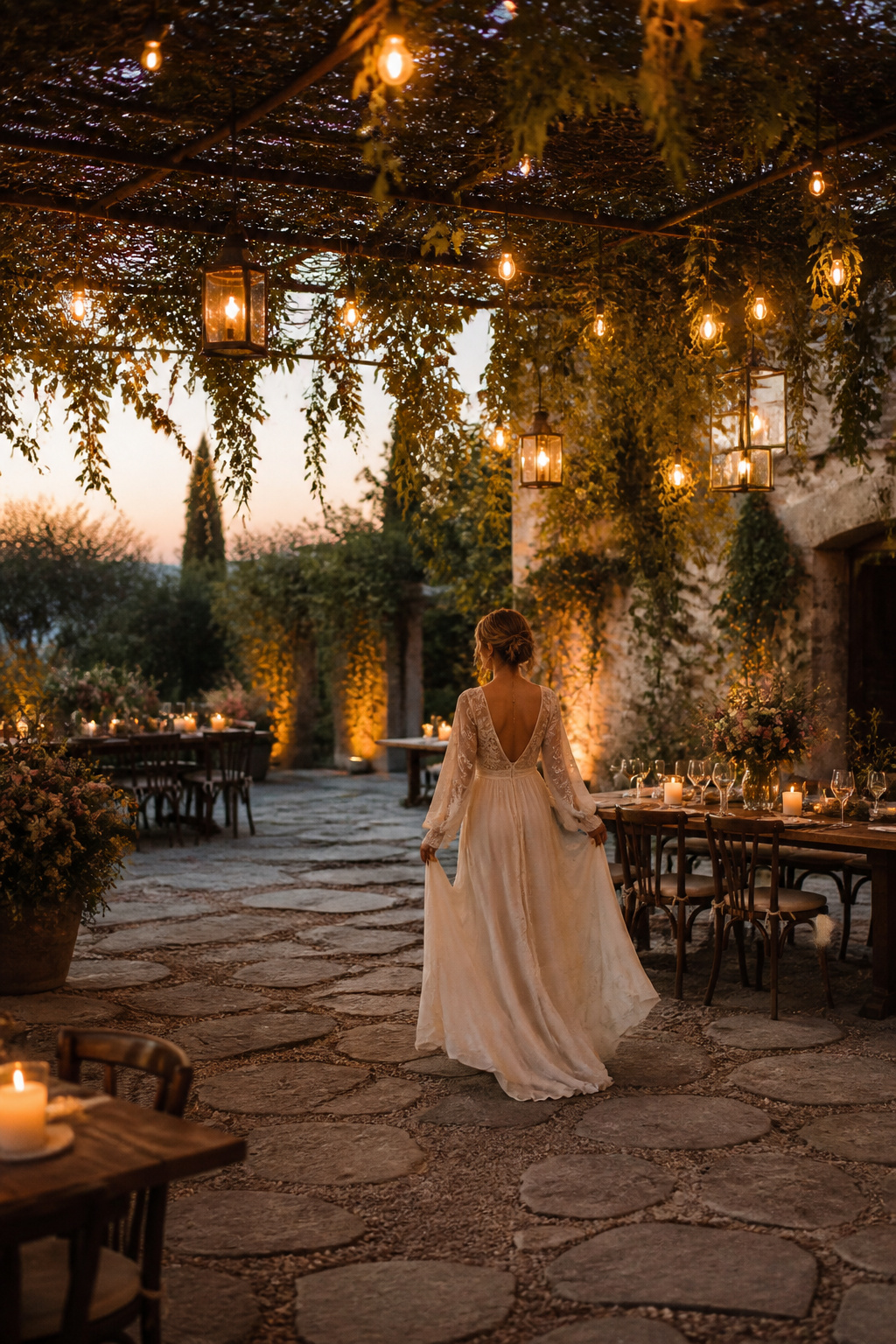 Bohemian bridal reception dress with empire waist and flutter sleeves.
