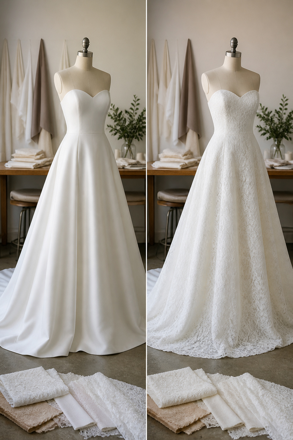 A model wearing a satin bridal dress that reflects light beautifully.
