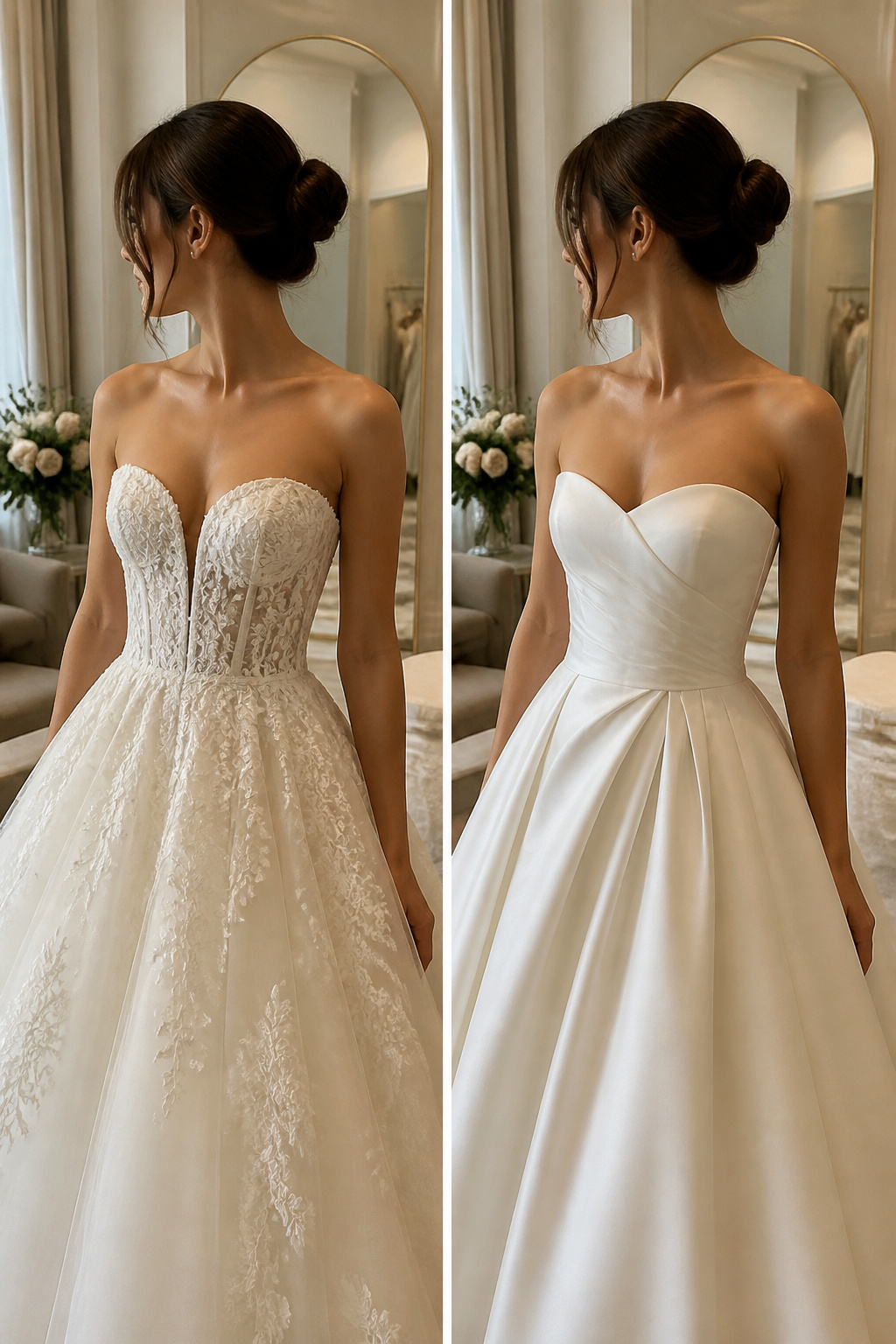 A model in a bridal gown with a sweetheart neckline.