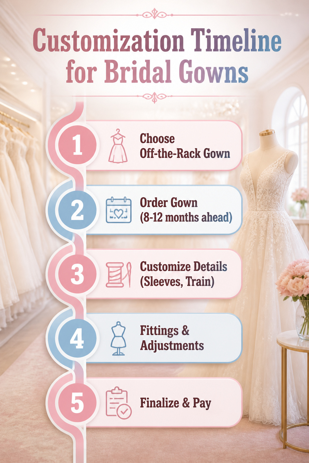 A chart outlining customization options and timelines for bridal dresses.