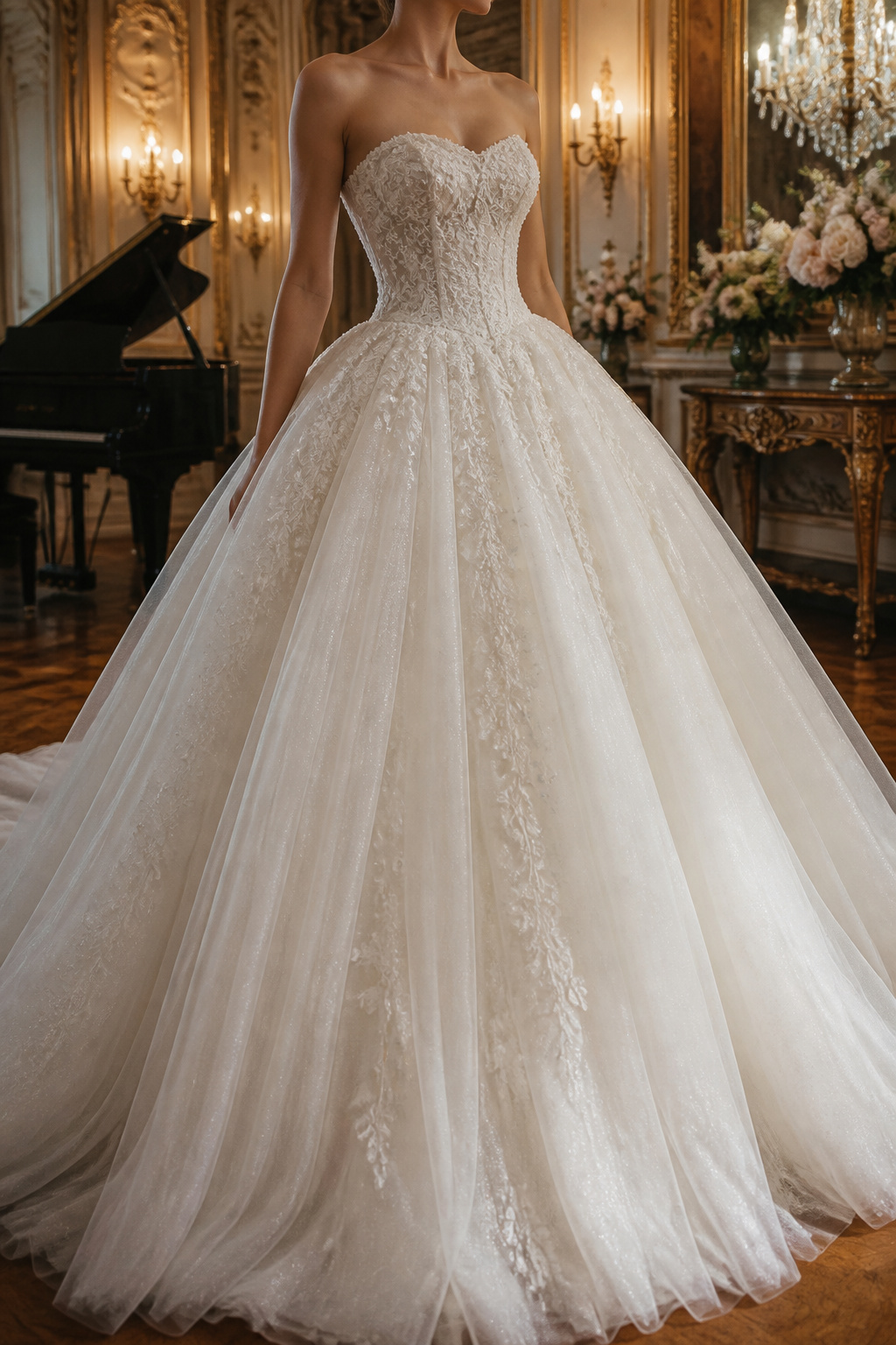 A model wearing a ball gown with layers of tulle and a cinched waist.
