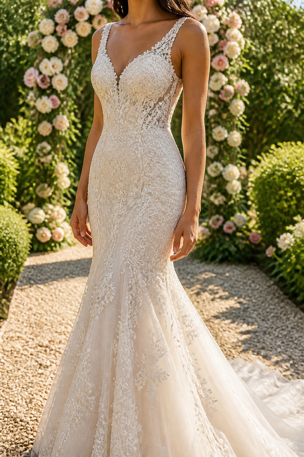 A model in a fit and flare bridal gown, flaring at mid-thigh.