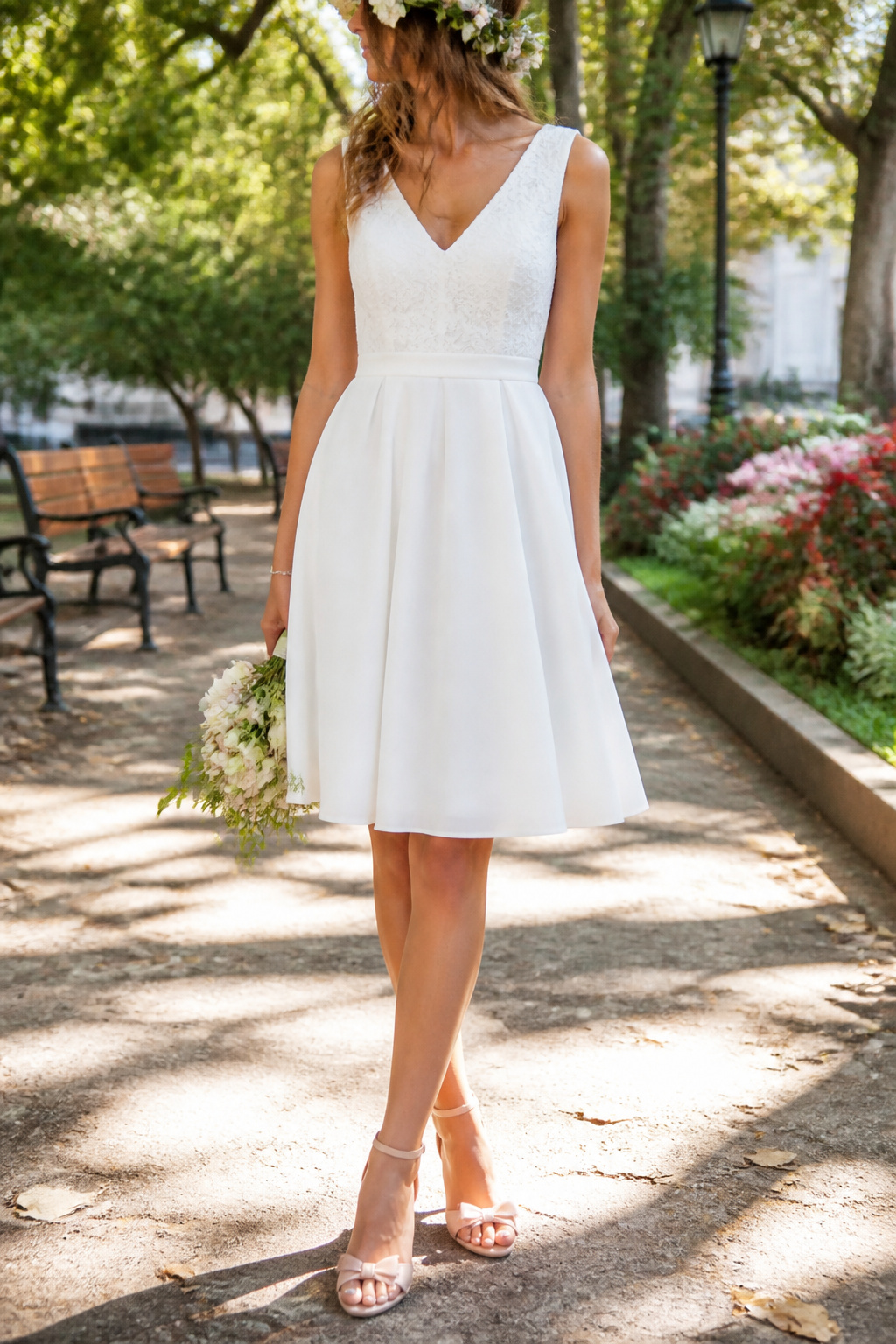 A model in a short bridal dress suitable for informal ceremonies.