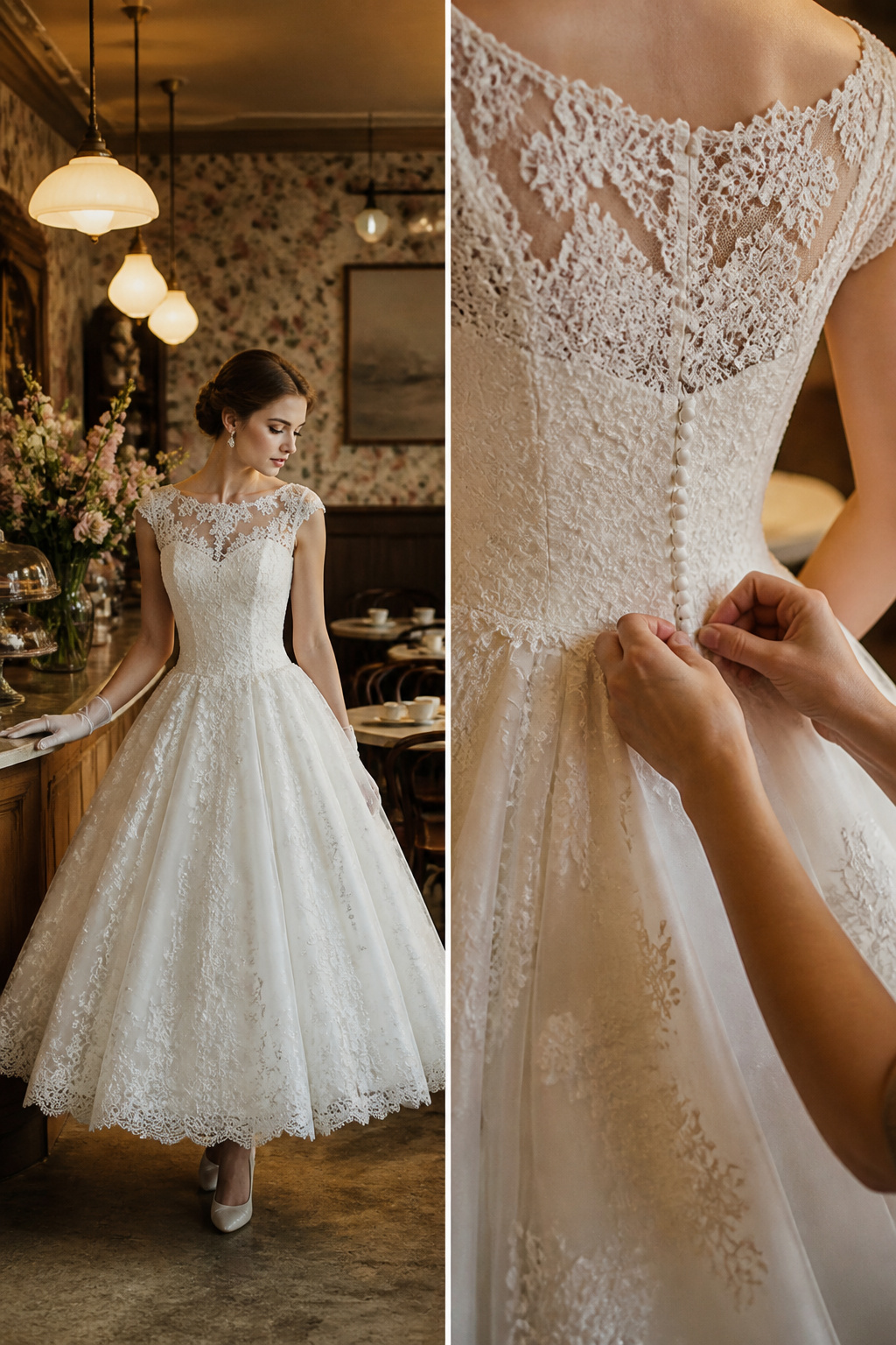 A model showcasing a vintage bridal gown with unique historical elements.
