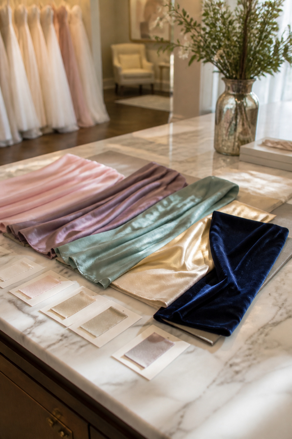 Fabric samples of chiffon, satin, and velvet arranged on a countertop.