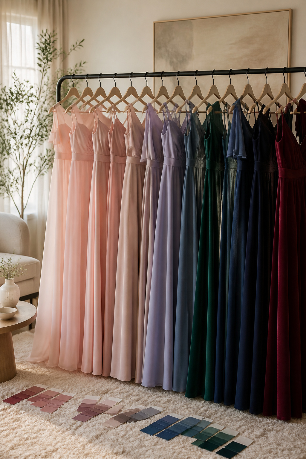 Bridesmaid dresses from Birdy Grey in various colors and fabrics.