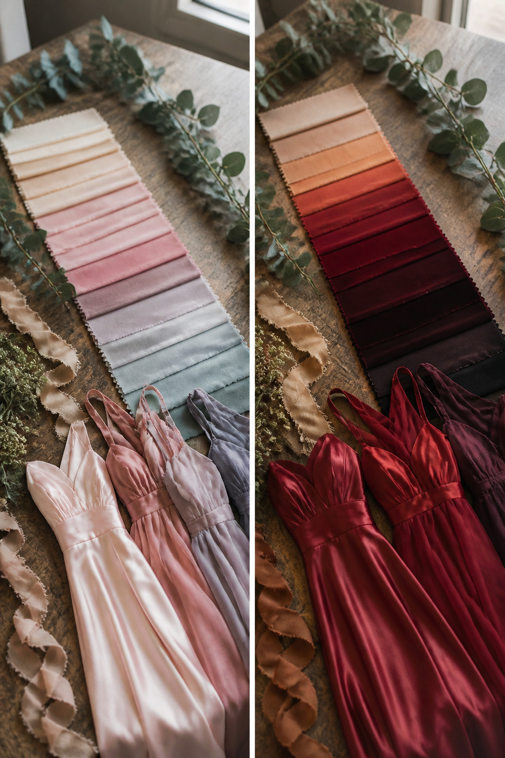 Fabric swatches in different colors for bridesmaid dresses.