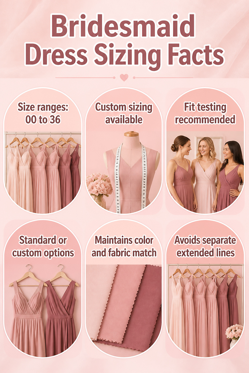 A chart displaying bridesmaid dress sizes and fitting information.