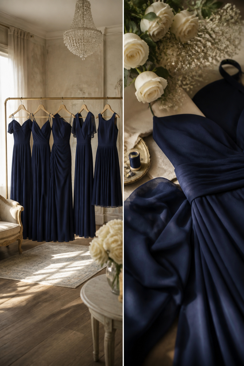 Different styles of bridesmaid dresses in the same fabric and color.