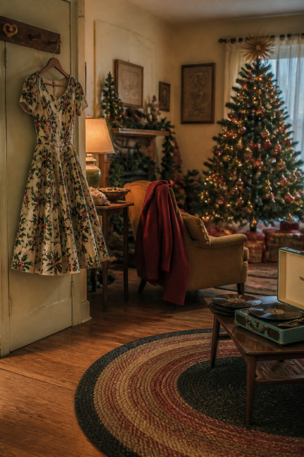 A vintage dress with a full-circle skirt and a small repeating print.