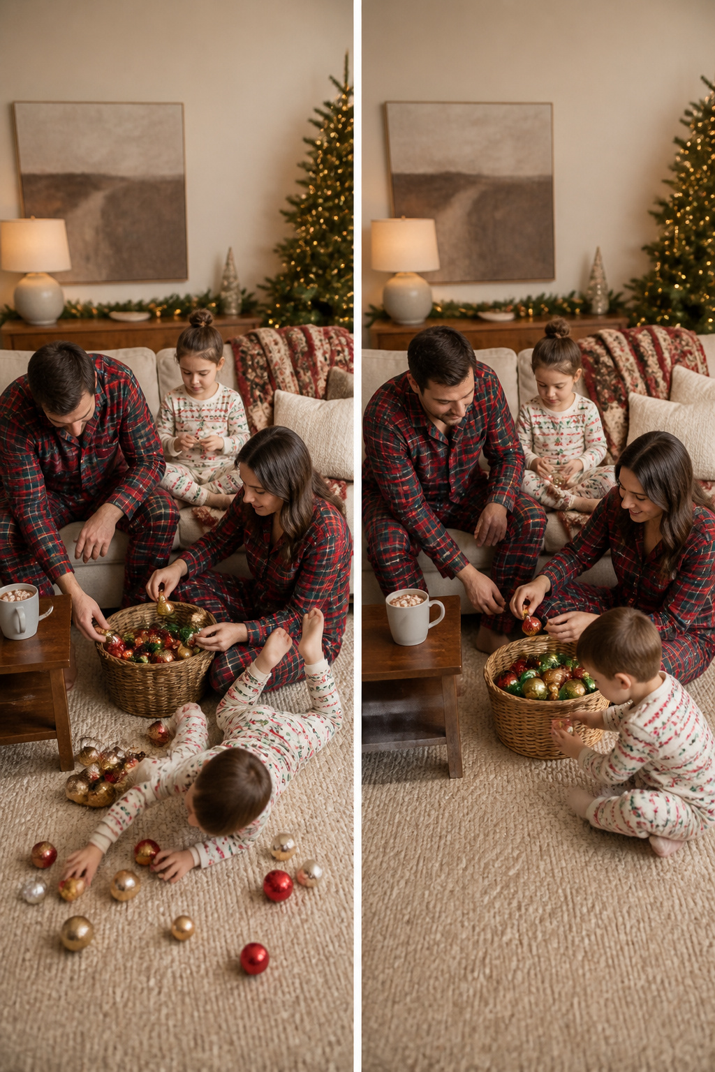 Image displaying various holiday pajama prints including plaid and character designs.