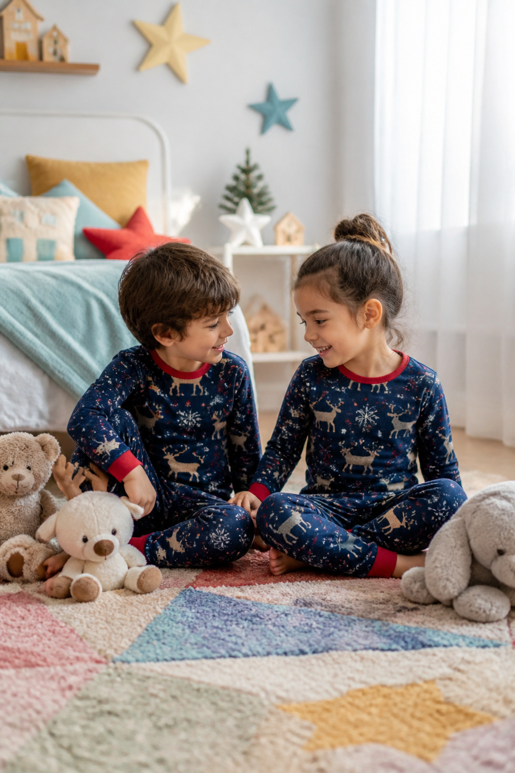 Kids wearing holiday pajamas with prints of flying deer and snowflakes.