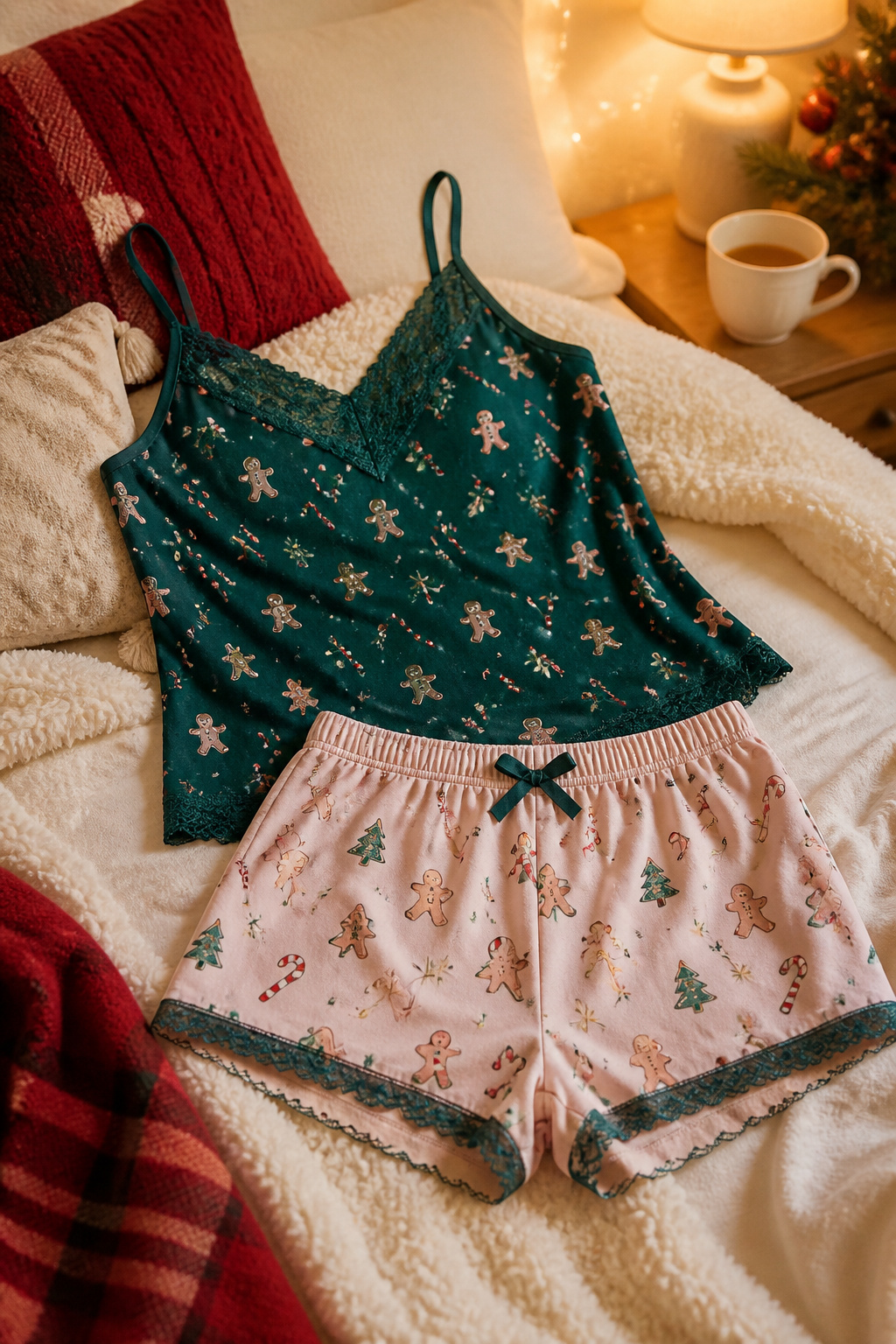 Lace-lined camis and boy shorts in a festive print displayed attractively.