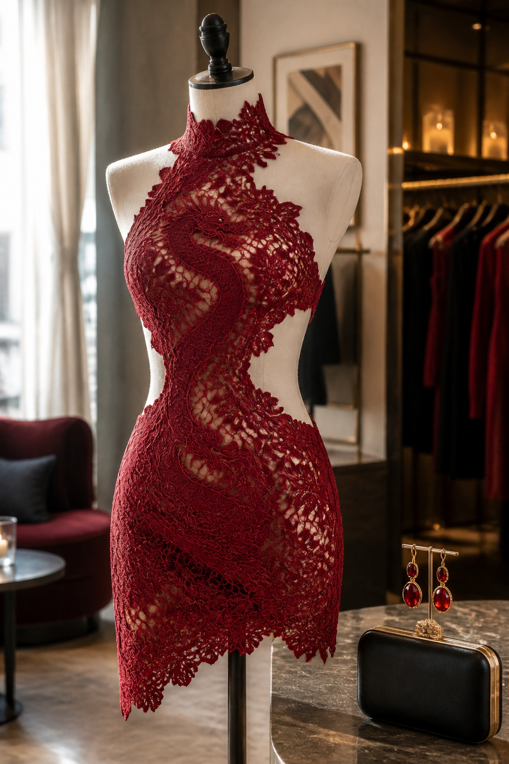 A photograph of a cut-out mini dress displayed on a mannequin.