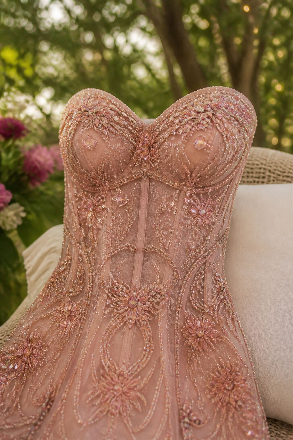 A close-up of a pink hand beaded corset mini dress in a garden.
