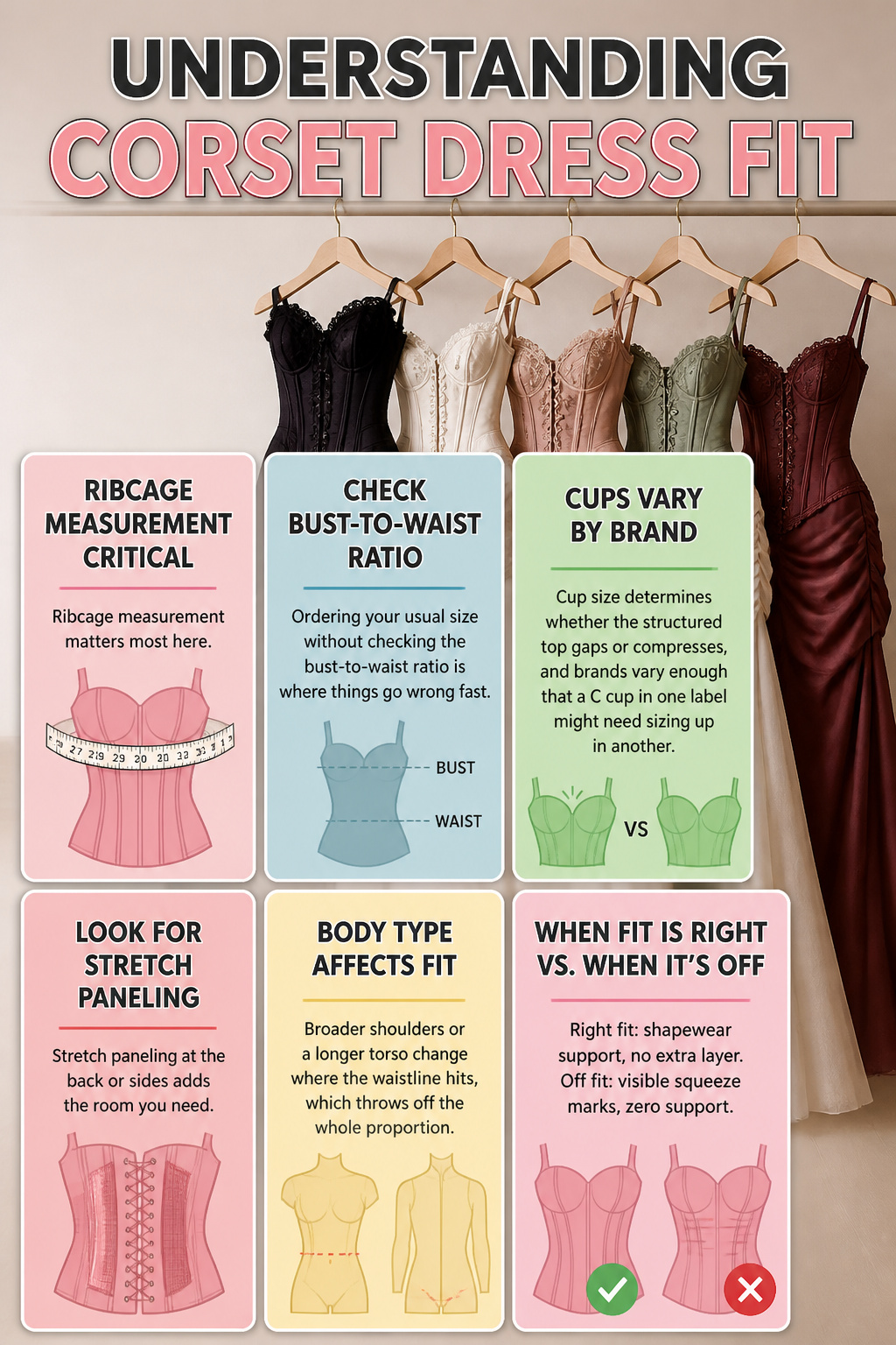 An informational graphic about corset dress sizing and fit.