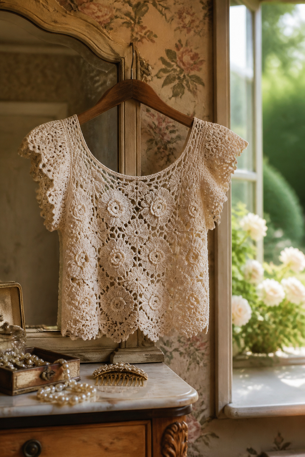 Crochet Summer Top Patterns, Styles and Yarn Guide 19 A Datura Bloom Top displayed against vintage floral wallpaper.