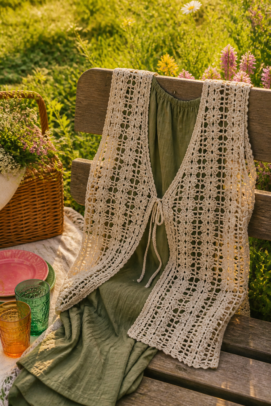 Crochet Summer Top Patterns, Styles and Yarn Guide 20 A Harvest Flowers Vest Topper displayed on a wooden bench.