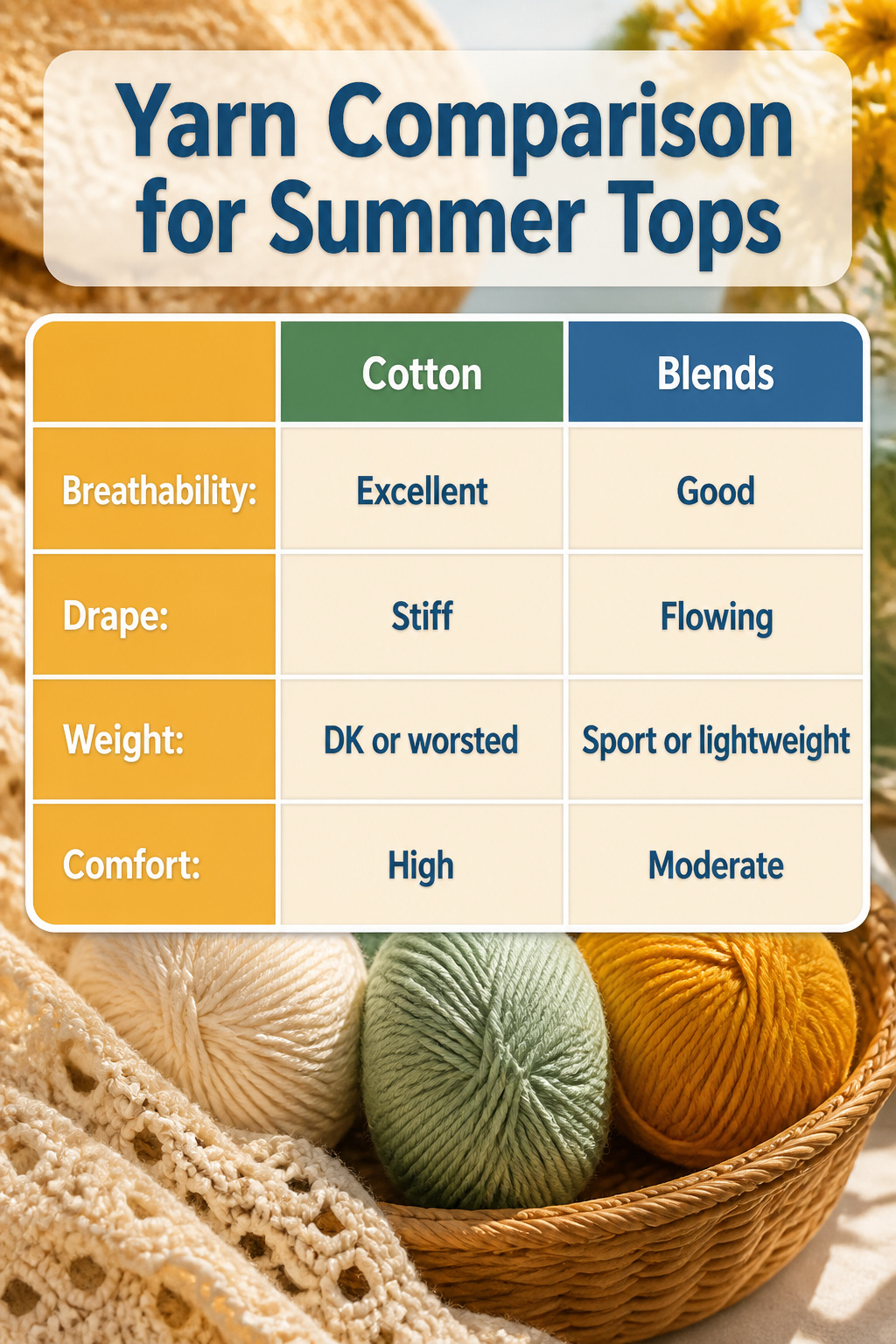 Crochet Summer Top Patterns, Styles and Yarn Guide 21 An image comparing different yarns suitable for summer tops.